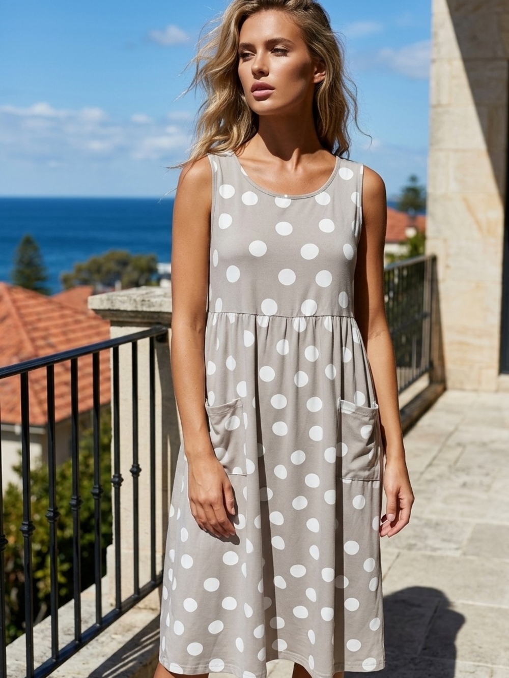 Emery Rose Plus Size 2X  Polka Dot Sleeveless Midi Dress W/ Front Pockets